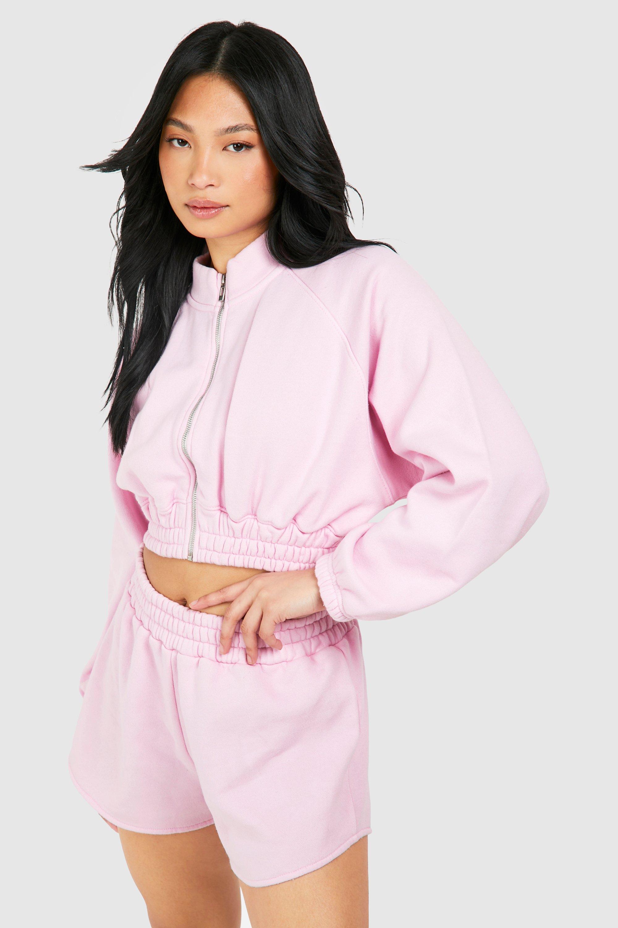 Womens Petite Washed Cropped Bomber Short Tracksuit - Pink - Xs, Pink